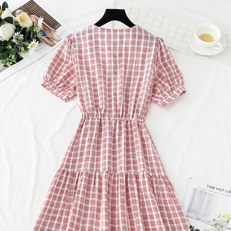 French retro V-neck dress with slim waist  4269