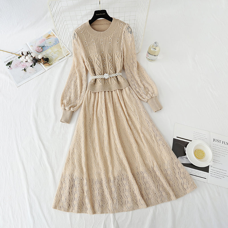Knitted dress women's super fairy lace Plush stitched wool dress  4439