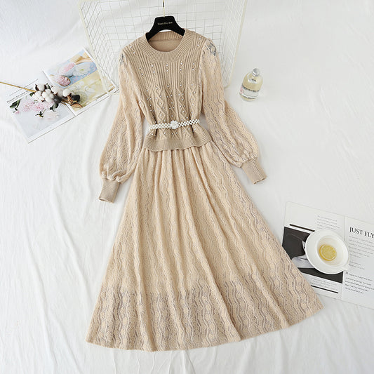 Knitted dress women's super fairy lace Plush stitched wool dress  4439