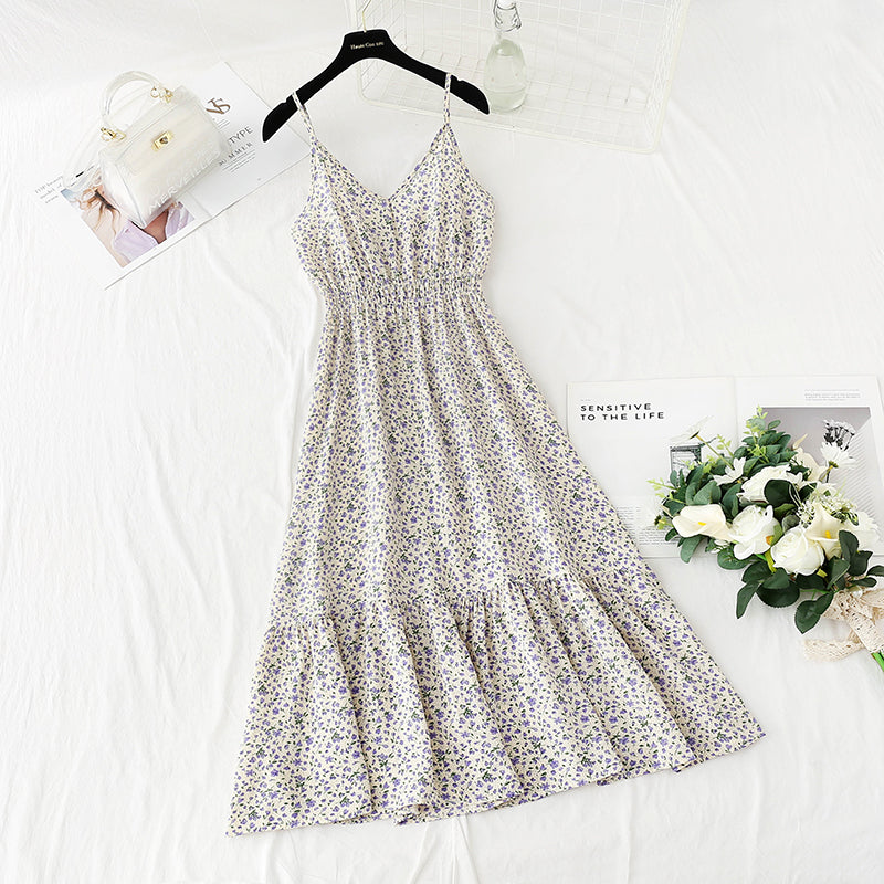 New sweet floral skirt French retro suspender dress  4123