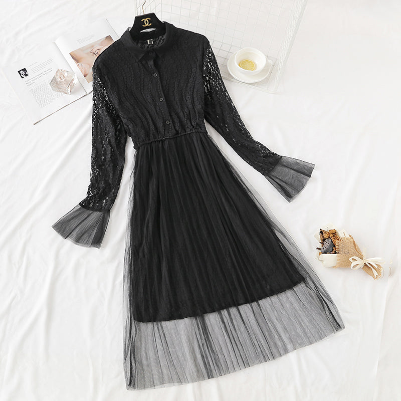 Lace mesh dress French super fairy knee length skirt  4365