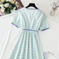 One piece cotton linen Plaid Dress waist closing temperament skirt  4262