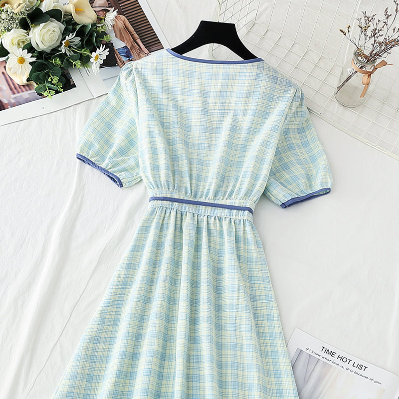 One piece cotton linen Plaid Dress waist closing temperament skirt  4262