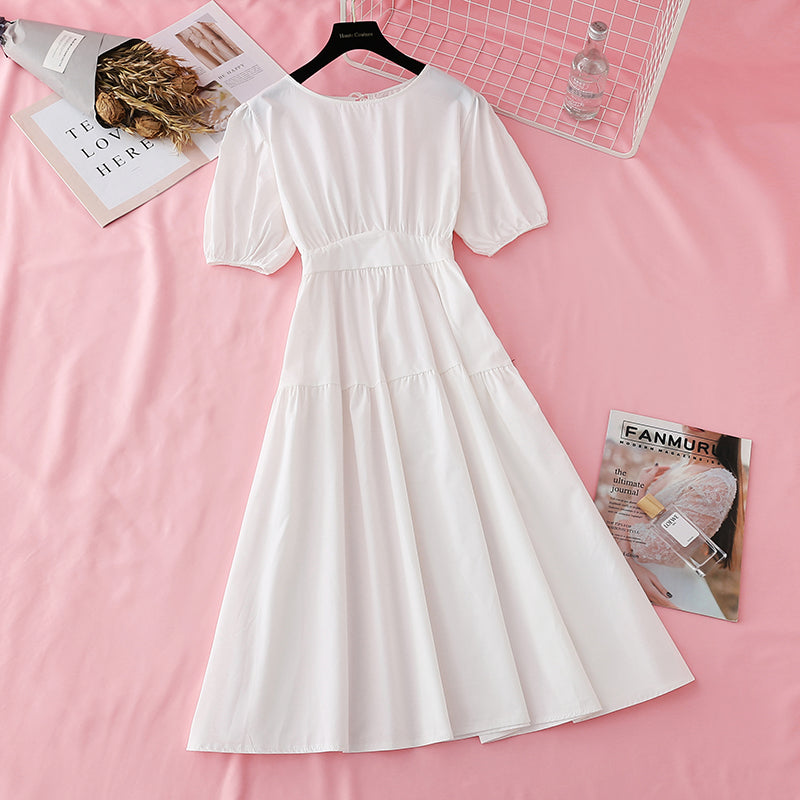 New style slim waist with bubble sleeves French minority long skirt  4506