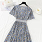 Cotton linen dress female V-neck floral dress waist  4245