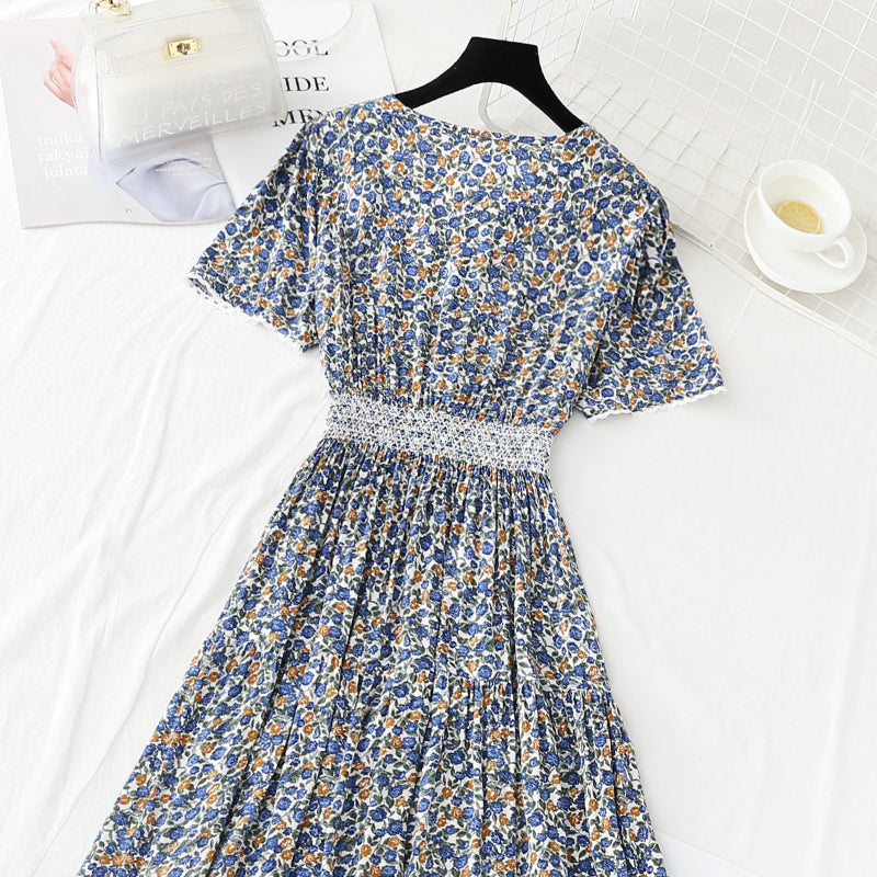 Cotton linen dress female V-neck floral dress waist  4245