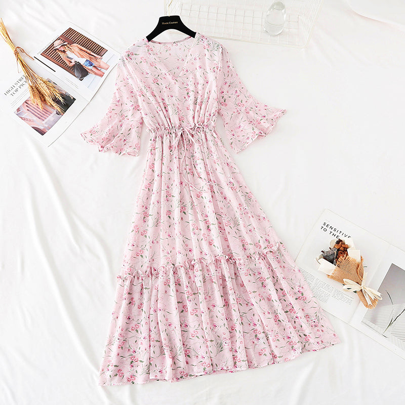 The new waist is slim, pleated lace up Chiffon French retro long skirt  4507