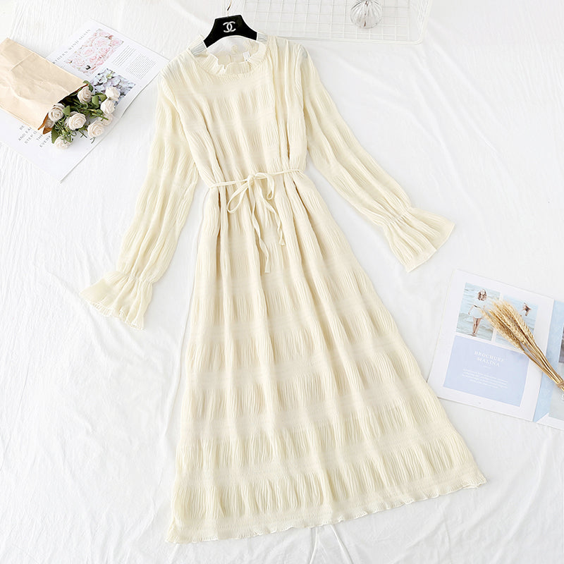 Slim Pleated Chiffon Dress French retro Platycodon skirt  4500