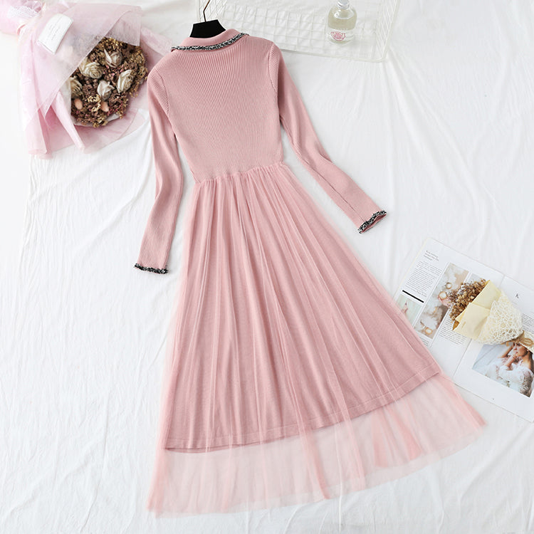 New mesh stitching small fragrance fairy slim bottom skirt  4300