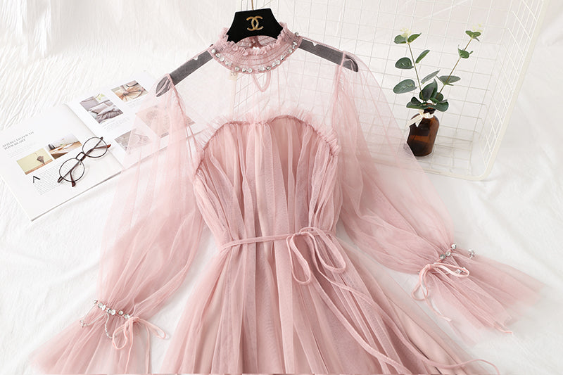 Mesh dress with Beaded long sleeve lace  4307