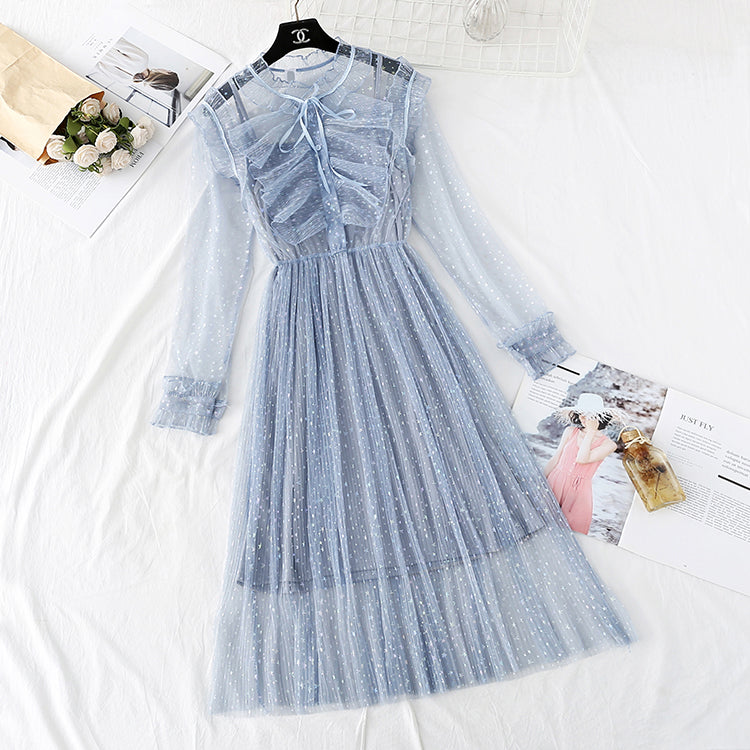 Fairy mesh dress French retro star Sequin dress  4354