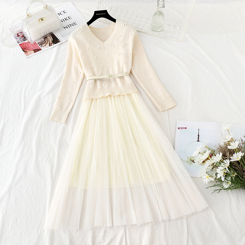 New gentle sweater with mesh suspender skirt two-piece set  4403