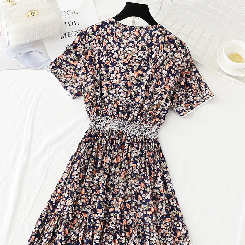 Holiday skirt with broken flowers, slim waist and long skirt with large hem  4246