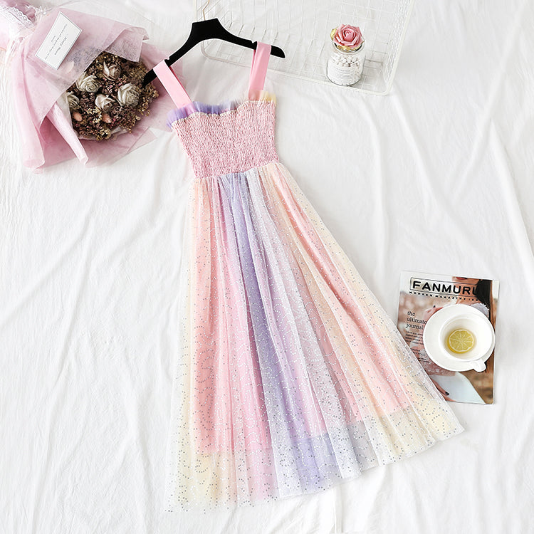Rainbow seven color suspender dress  4299