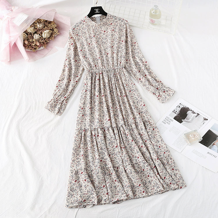 Floral dress French retro half high neck inside  4486