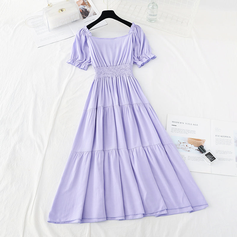 Bubble sleeve cotton linen dress lace edge French retro long skirt  4179