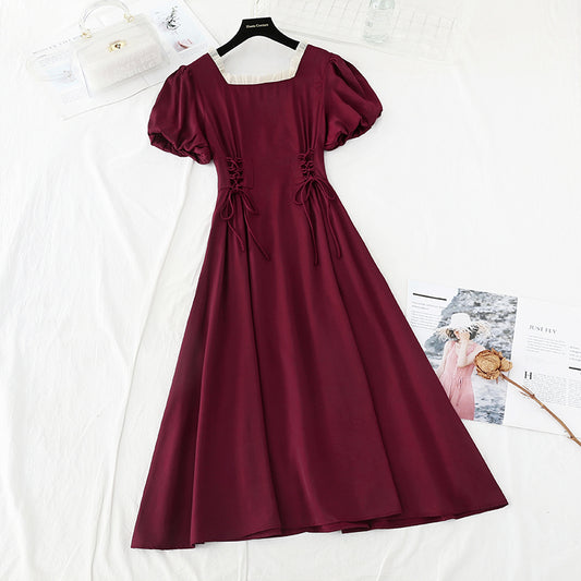 French retro square collar first love waist closing thin fairy skirt  4223