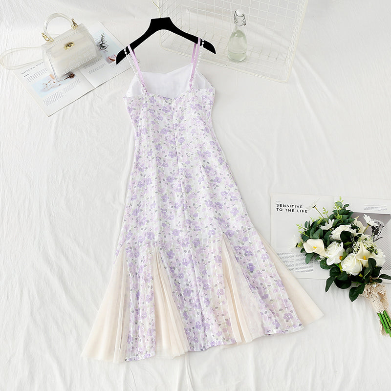 Design sense niche purple fishtail skirt Chiffon floral suspender dress  4124
