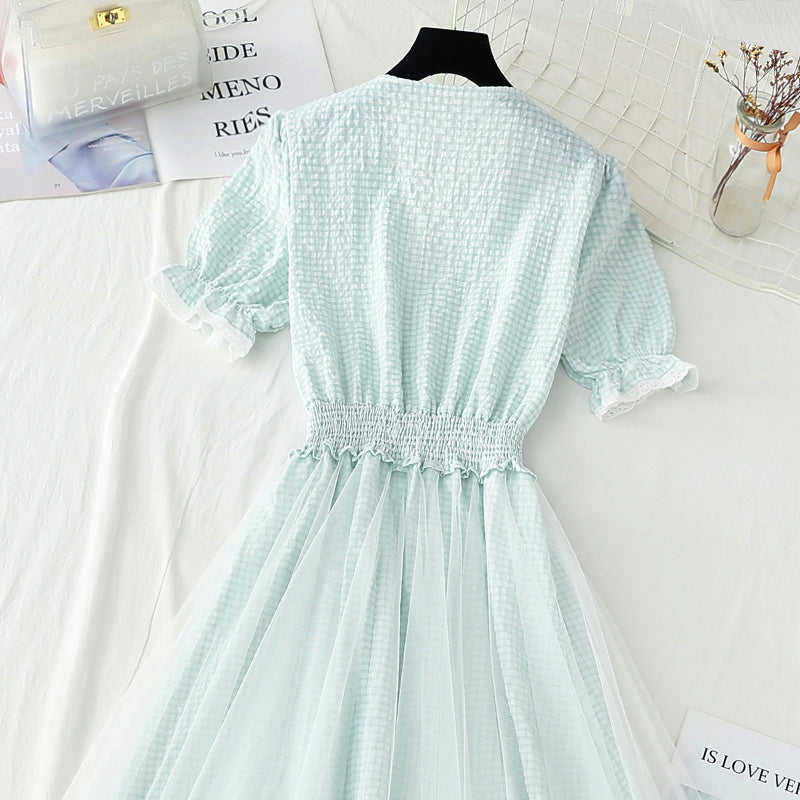 Cotton linen dress new small fresh lattice fairy skirt  4252
