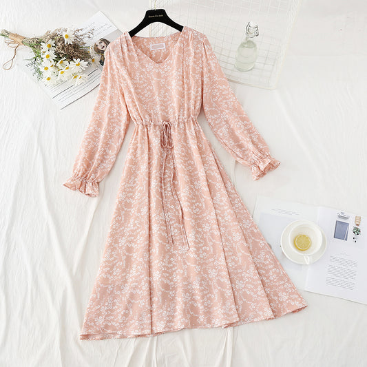 Chiffon floral dress with slim waist and gentle lady skirt  4091