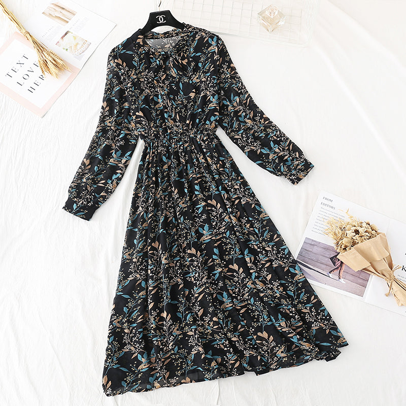 New French style long sleeve Floral Chiffon Skirt  4444