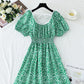 Small fresh sweet floral dress retro bubble sleeve  4274