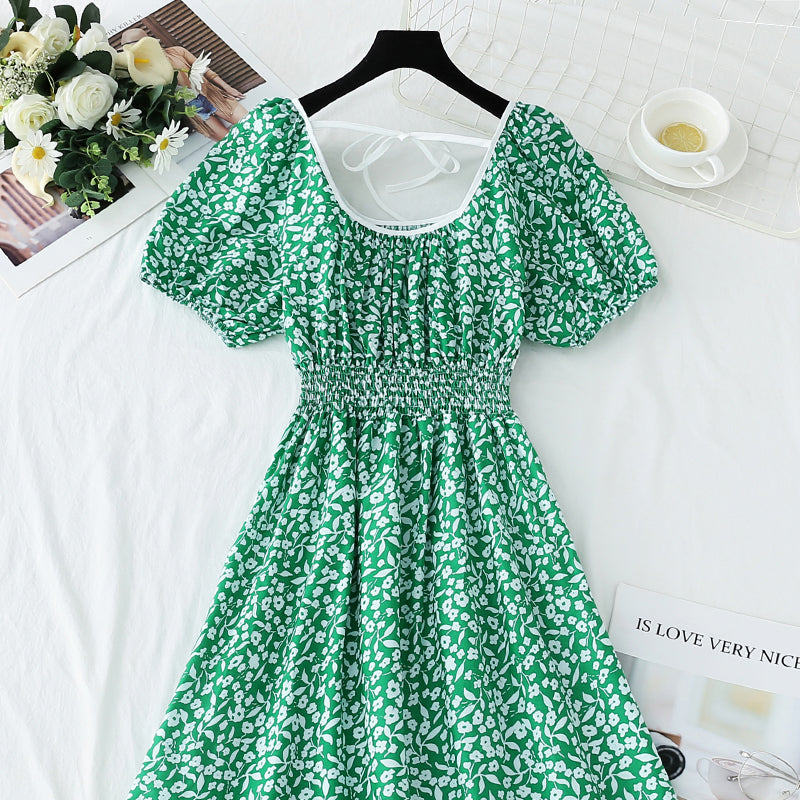 Small fresh sweet floral dress retro bubble sleeve  4274