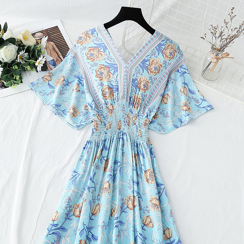 Cotton linen dress French retro V-neck national style  4258