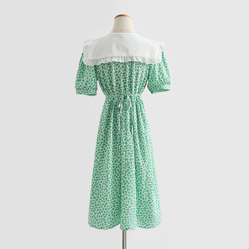 French retro doll neck cotton linen Floral Dress  4290