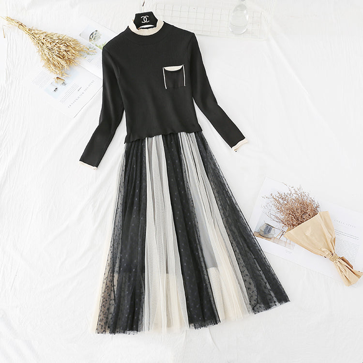 Fashion stitching waist closing mesh pleated bottom skirt  4446