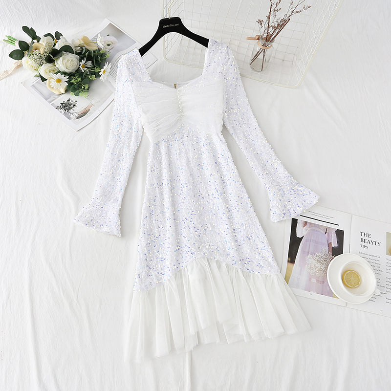 Square neck mesh fairy fishtail Sequin bottomed skirt  4432