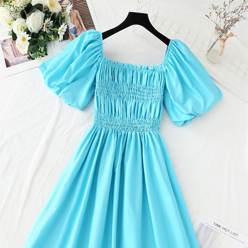 New French square neck off shoulder bubble sleeve cotton linen dress  4255