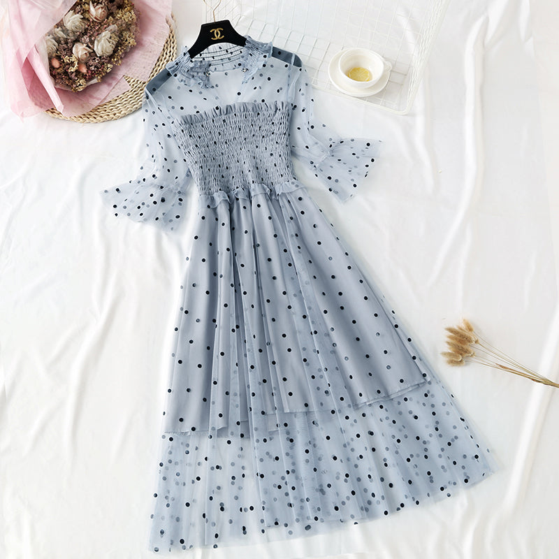 Small wave dot mesh dress retro long skirt over the knee  4465