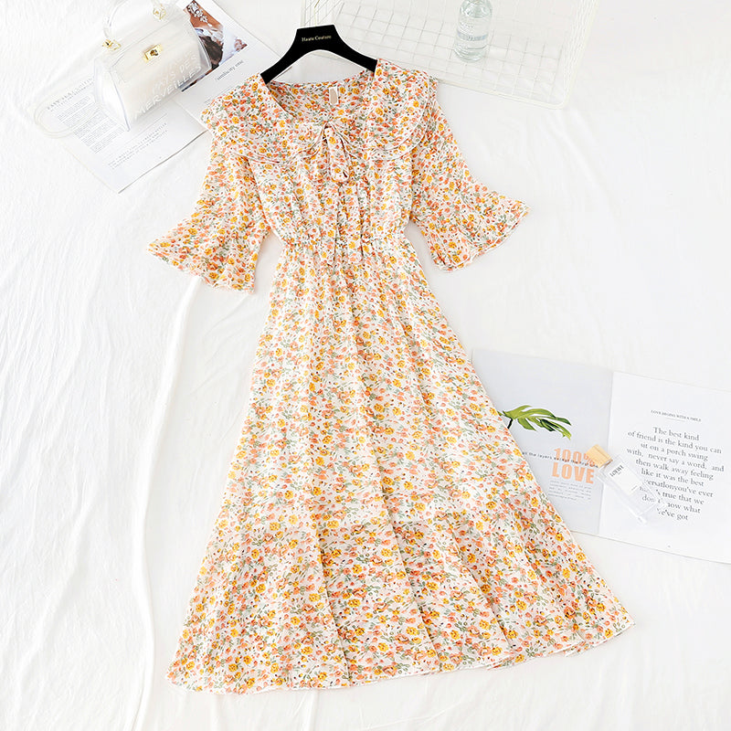 New sweet college broken Flower Chiffon French retro dress  4518