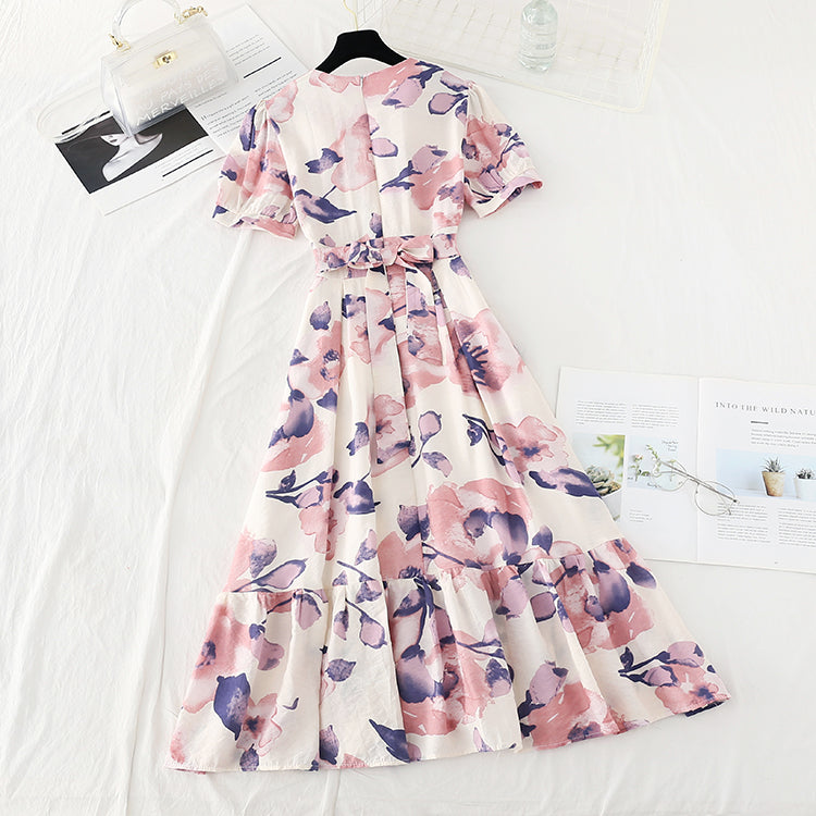 V-neck bubble sleeves, slim waist, large hem and long skirt  4199