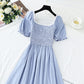 French retro dress square neck bubble sleeve lace edge  4271