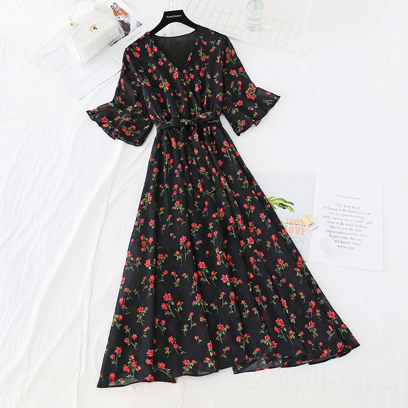 Floral Chiffon Dress French Platycodon skirt  4349