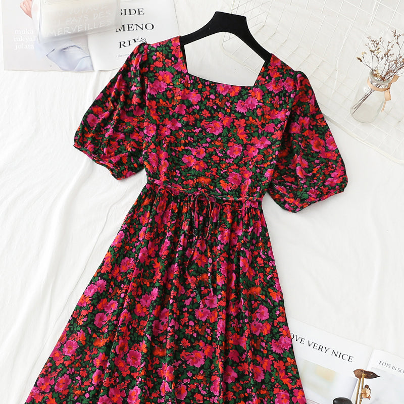 New French style square neck bubble sleeve waist closing slim skirt  4244