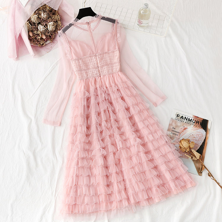Mesh lace dress small fragrance layer upon layer cake long skirt  4294