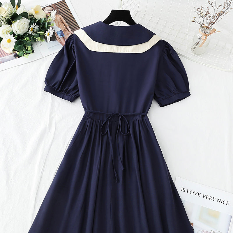 French retro doll collar bubble sleeve waist closing tea break skirt  4268