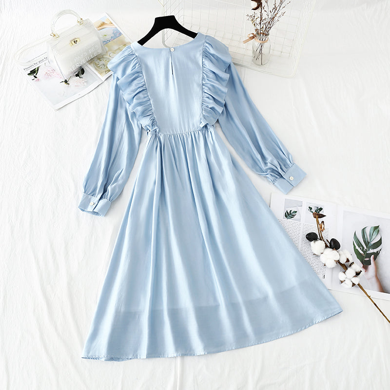 Long sleeved white dress French simple temperament  4225