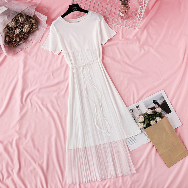 Pleated mesh irregular personality T-shirt skirt  4352