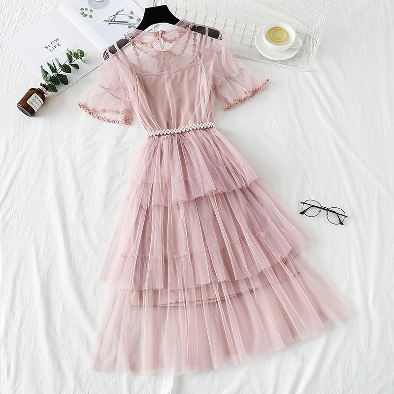 Mesh dress high waist layered cake skirt  4338