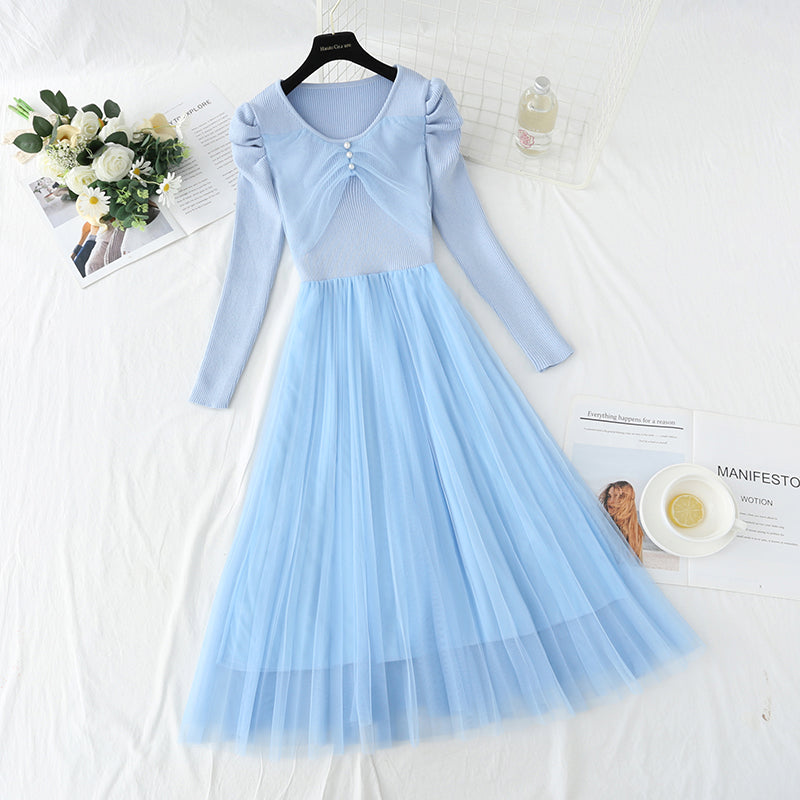 Mesh stitched knitted dress temperament long skirt  4416