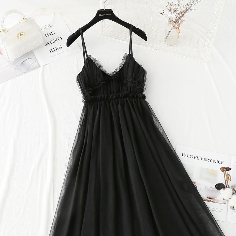 French sweet mesh dress temperament small black skirt with waist closed  4423