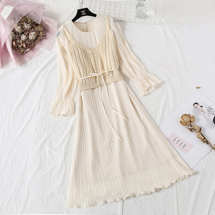 Long sleeved chiffon skirt + suspender knitted sweater vest suit  4448