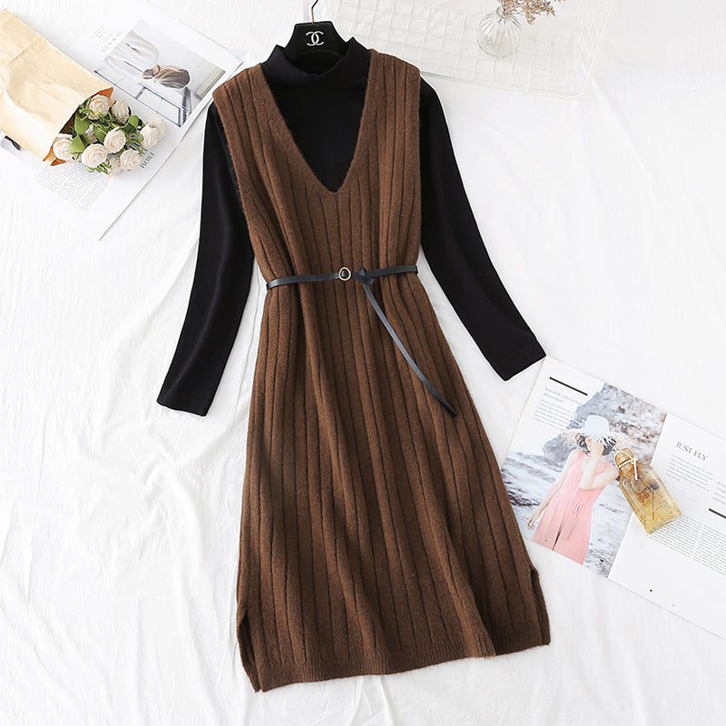 Bottomed shirt + knee length woolen dress set  4461