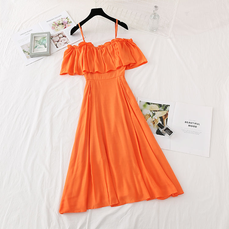 One shoulder sling Ruffle French retro gentle long skirt  4160