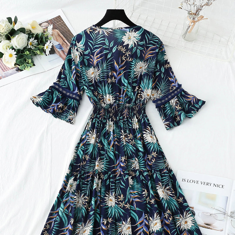 V-neck temperament slim waist long skirt seaside resort beach skirt  4257