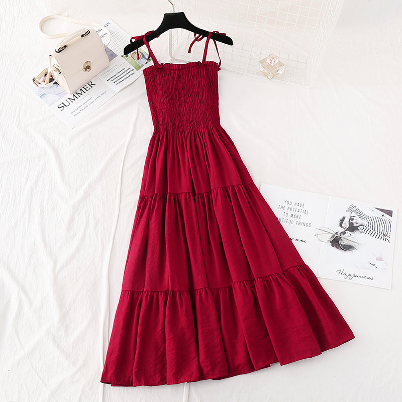 Cotton hemp suspender dress retro long skirt with slim waist  4113